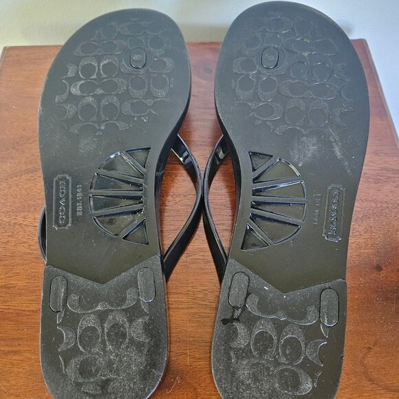 COACH New York Landon Black Thong Jelly Flip Flops Sandals with Gold Bow Size 7 - Picture 6 of 11